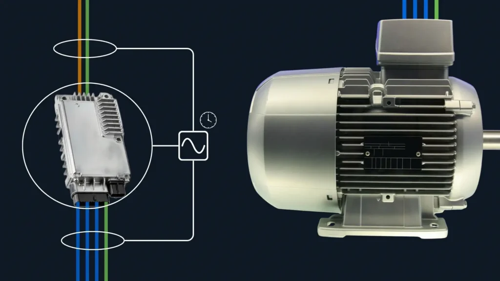 Ein Elektromotor und ein Motorcontroller sind verkabelt und Daten werden dazwischen abgegriffen. Mit Cross-Domain Testing können Daten aus dem inneren des Controllers mit Messdaten des Motors abgeglichen werden.